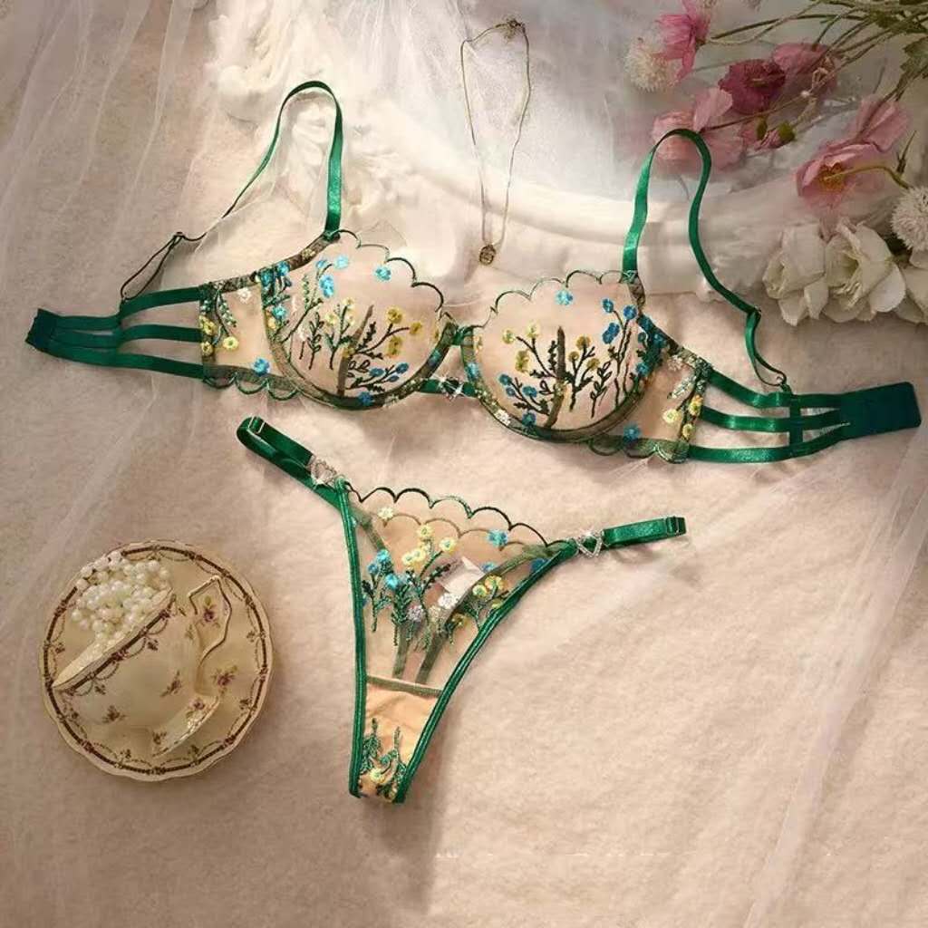 French Embroidered Lingerie Set – Floral Mesh Bra & Panty Set