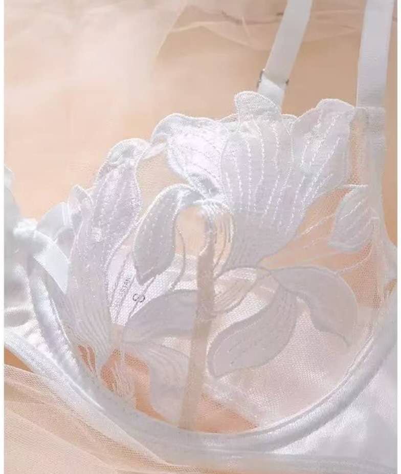 Luxury White Lace Lingerie Set with Garter Belt – Sheer Mesh Bra & Thong