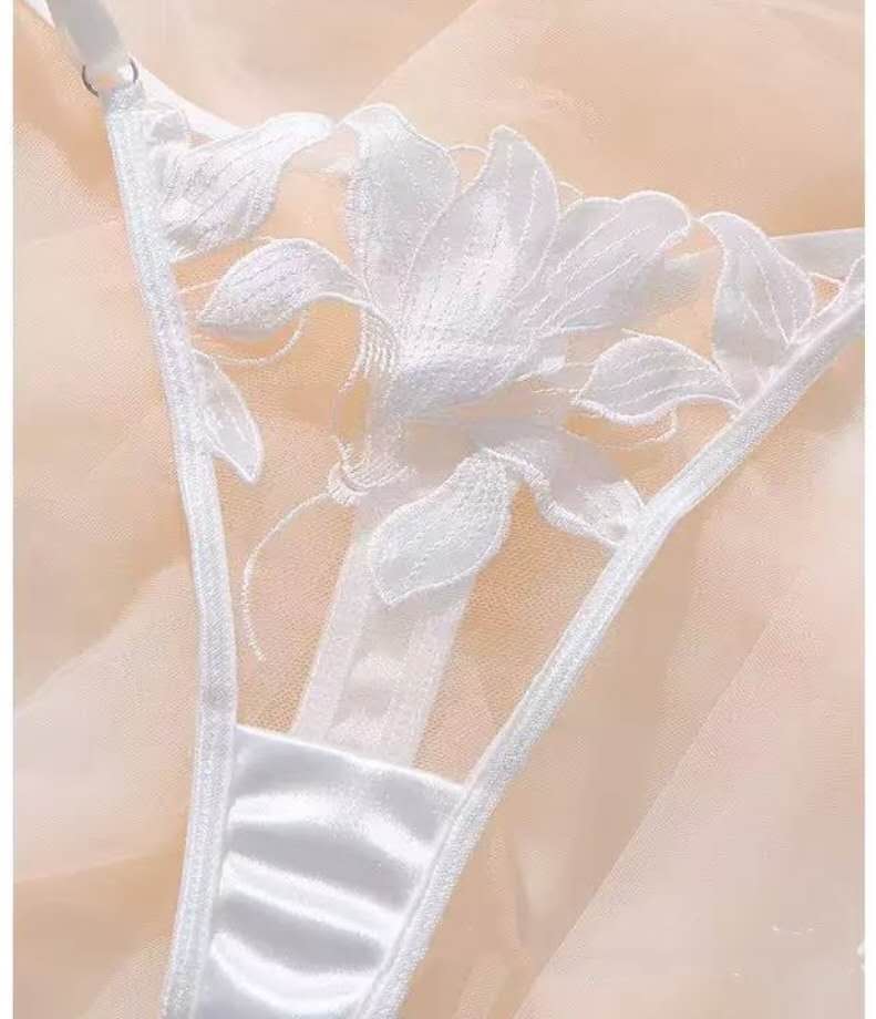 Luxury White Lace Lingerie Set with Garter Belt – Sheer Mesh Bra & Thong