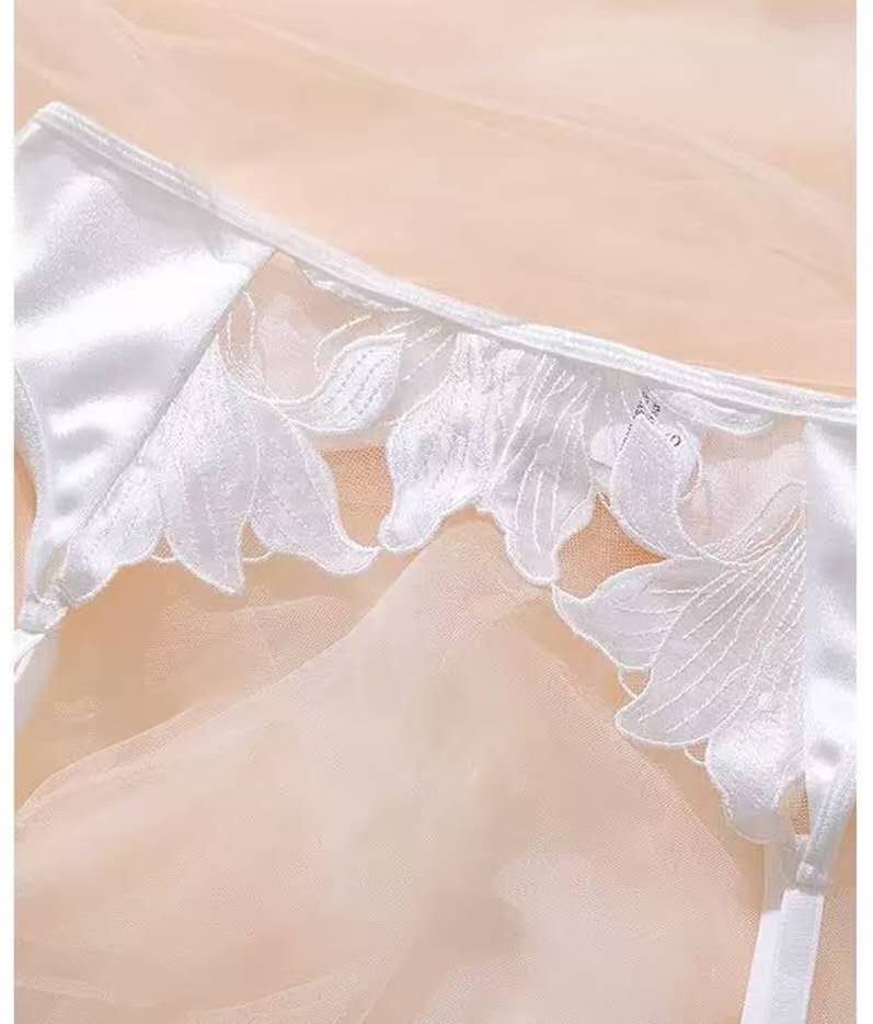 Luxury White Lace Lingerie Set with Garter Belt – Sheer Mesh Bra & Thong