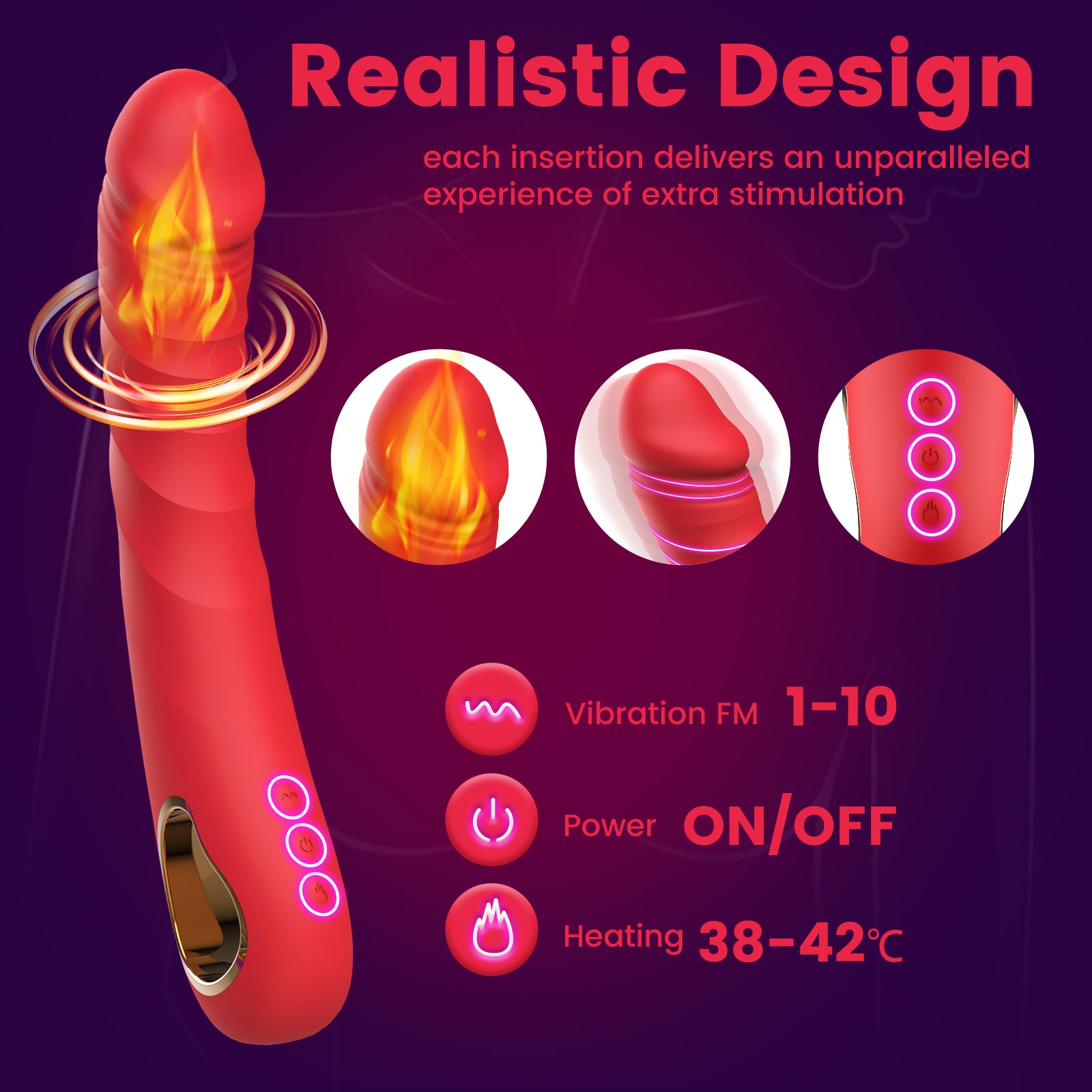 Heated Realistic Vibrator – 10 Modes, Fast Heating 38–42°C, Waterproof