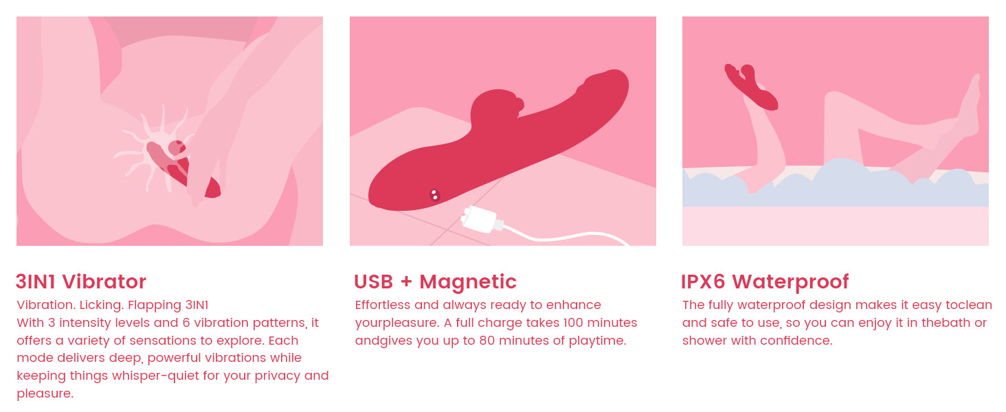 3-in-1 Rabbit Vibrator with Licking & Thrusting – 9 Modes, Waterproof, USB Rechargeable