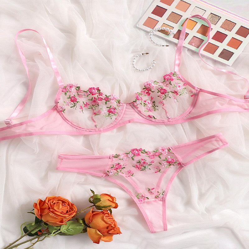 Blush Pink Floral Embroidered Lingerie Set – Sheer Mesh Bra & Thong for Women