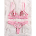 Blush Pink Floral Embroidered Lingerie Set – Sheer Mesh Bra & Thong for Women