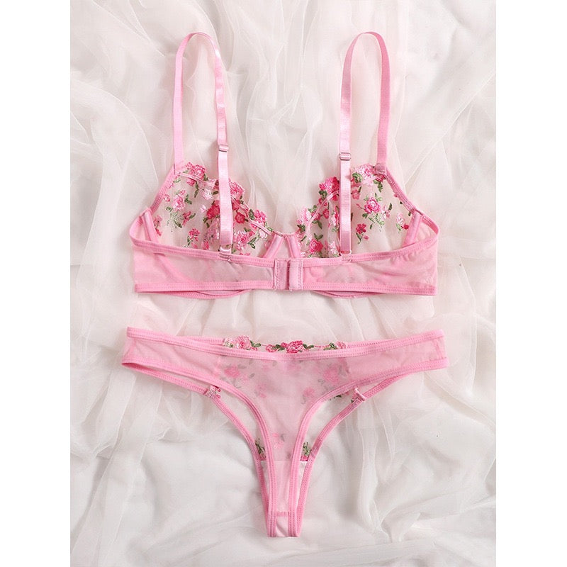Blush Pink Floral Embroidered Lingerie Set – Sheer Mesh Bra & Thong for Women