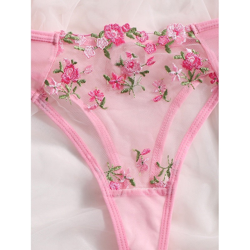Blush Pink Floral Embroidered Lingerie Set – Sheer Mesh Bra & Thong for Women