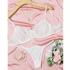 Bridal White Lace Lingerie Set – Sheer Underwire Bra & Thong for Women