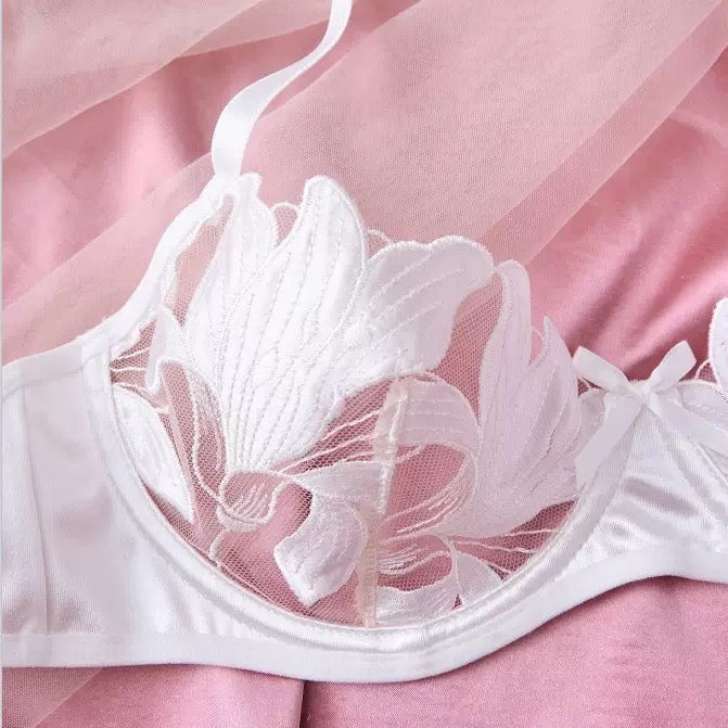 White Floral Embroidered Lingerie Set – Sheer Underwire Bra & Thong