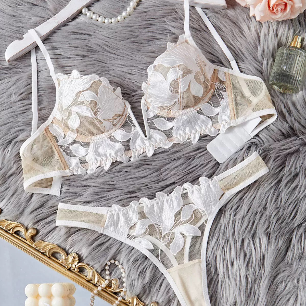 White Floral Embroidered Lingerie Set – Sheer Underwire Bra & Thong