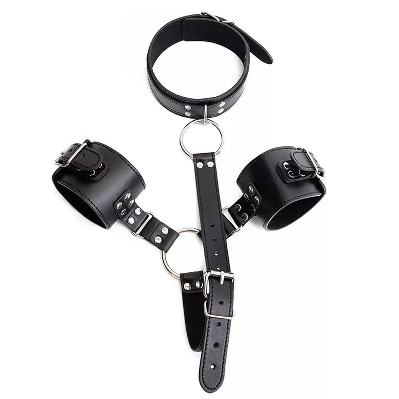 PU Leather Collar & Cuff Restraint Set – Adjustable Neck to Wrist Bondage Strap Kit